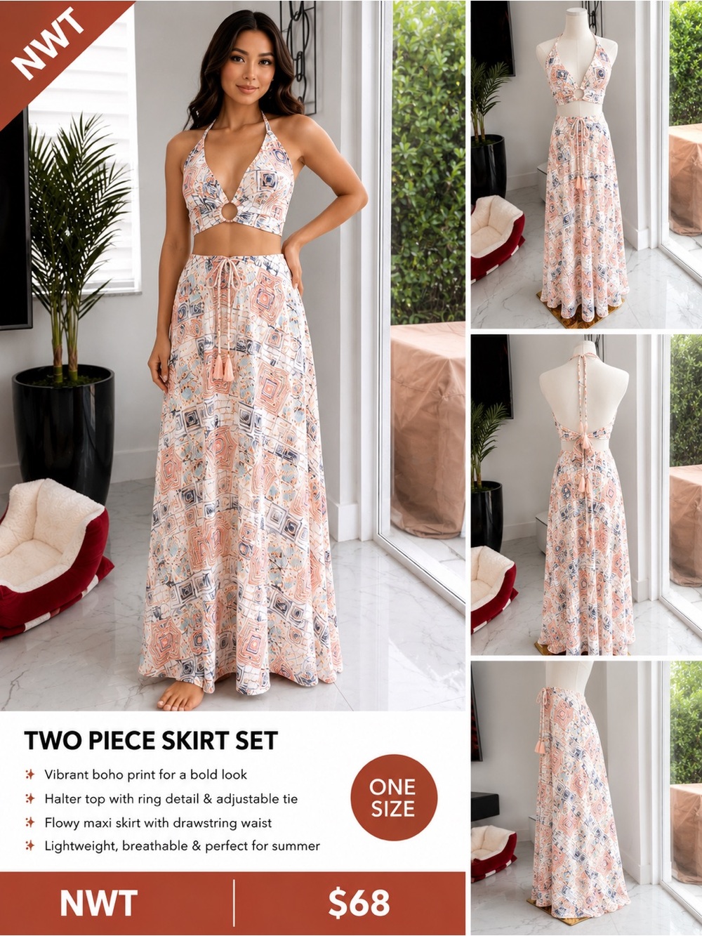 Boho Halter Two-Piece Maxi Skirt Set - Peach Multi